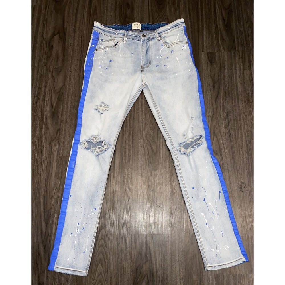 KDNK Men's Skinny Fit Blue Paint Striped Destroyed Jeans 34” x 32”